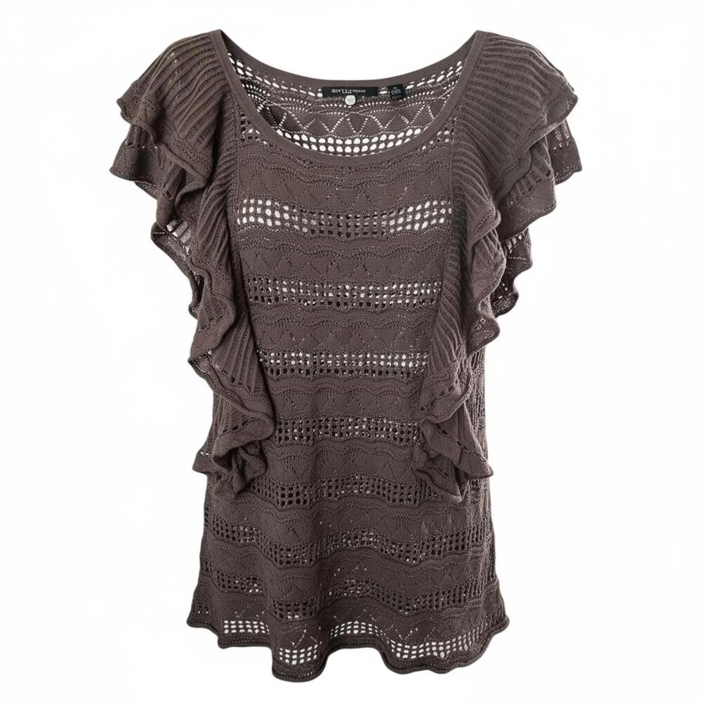 Knitted & Knotted Mauve Linen Cotton Metallic Open Knit Ruffle Sleeve Top Boho